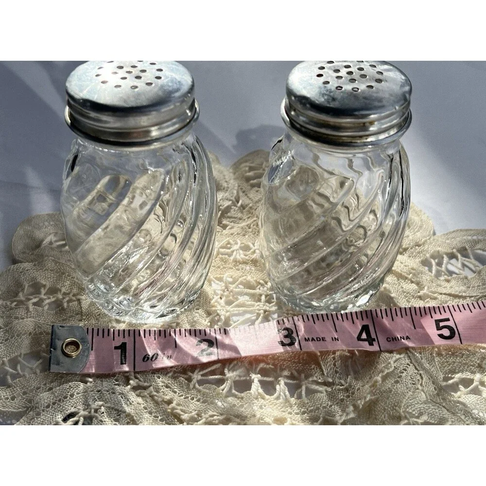 Vintage Clear Glass Swirl Design Silver Lid Aluminum Salt and Pepper Shakers